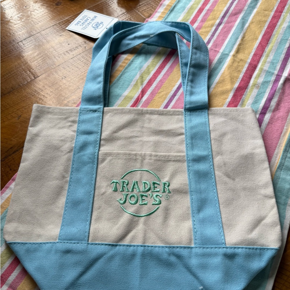 NWT TRADER JOES LIMITED DROP Pastel Blue and Cream Mini Tote Bag